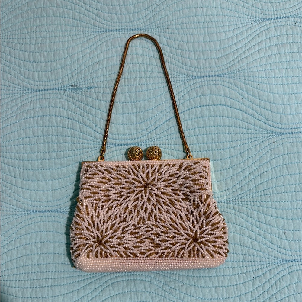Mini Cream / Gold Beaded Bag with Radiant Floral Design